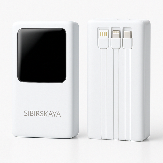 SIBIRSKAYA 20 000 mAh Power Bank – 22.5 W PD Fast‑Charge, Built‑In USB‑C & Lightning Cables
