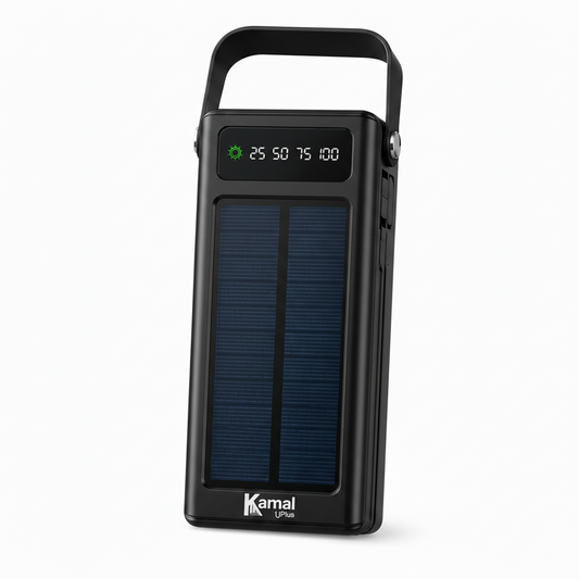 Solar power bank with digital display and orange handle on a white background