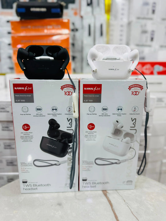 Close-up of black and white Kamal Plus K.BT 900 TWS Bluetooth headsets in their silicone cases, displayed alongside their product boxes