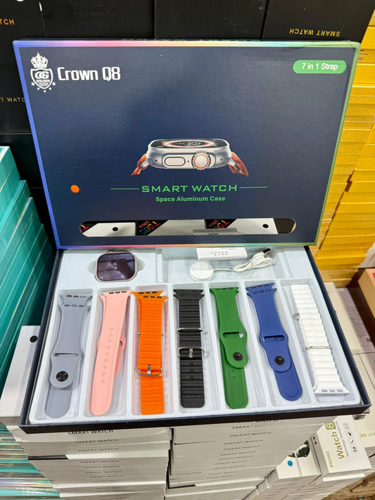 Crown Q8 smart watch packaging with multiple strap options displayed