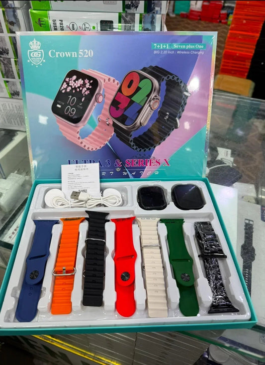 Crown 520 Smartwatch Combo – ( Ultra 3 & Series 10, 2.2" Display, 7+1 Straps )