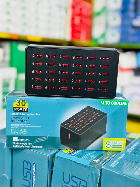 30-Port USB Smart Charging Station – Auto Cooling, LED Indicator & Fast Charging