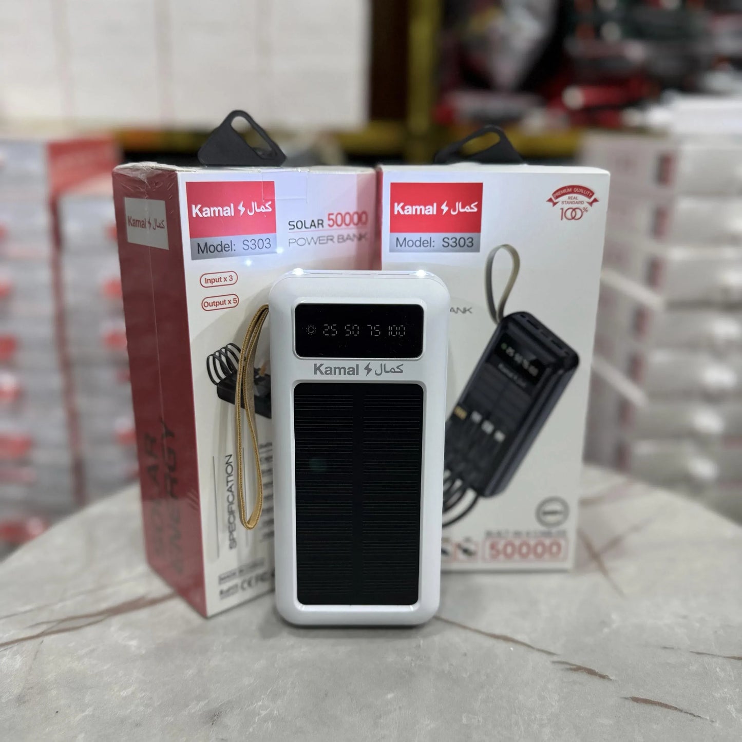 Kamal S303 Solar 50000mAh Power Bank – High-Capacity Portable Charger with Built-in Cables
