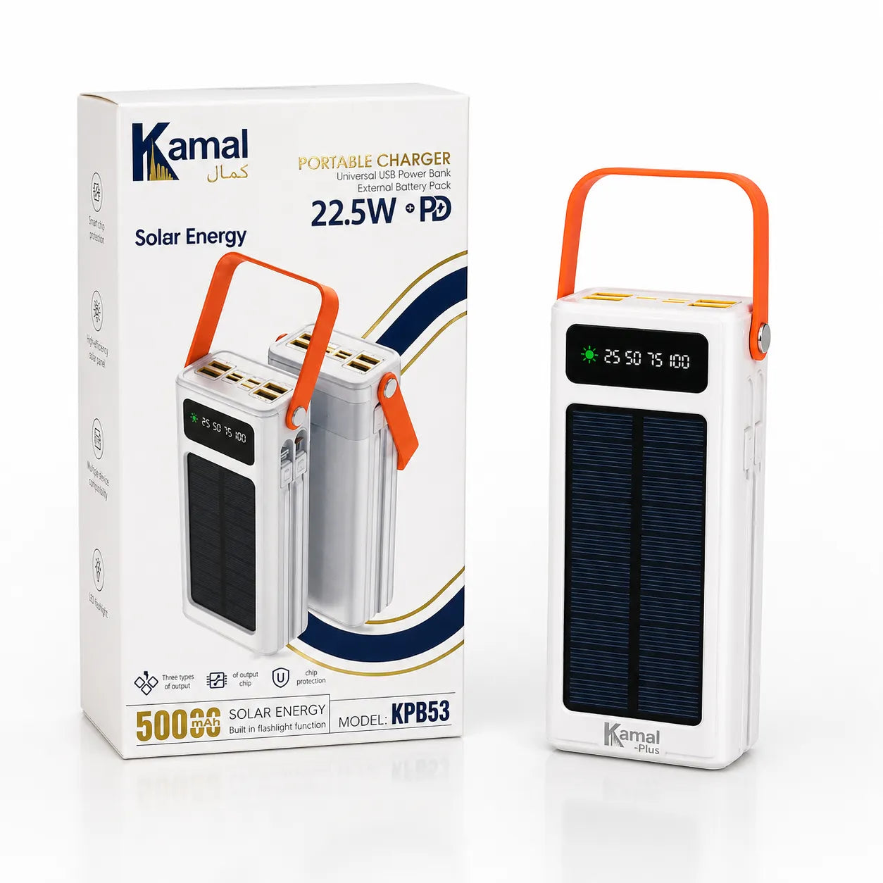 Kamal 50000mAh Solar Power Bank – 22.5W PD Fast Charge, Built-in Solar Panel & LED Light
