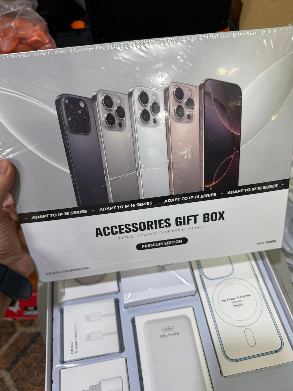 Premium iPhone 16 Series MagSafe Accessories Gift Box – Wireless Charger, AirPods Pro‑Style Earbuds, Magnetic Power Bank, 20 W USB‑C Adapter & Clear Case Bundle