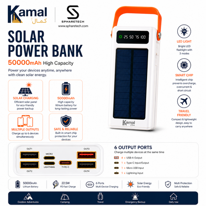 Kamal 50000mAh Solar Power Bank – 22.5W PD Fast Charge, Built-in Solar Panel & LED Light