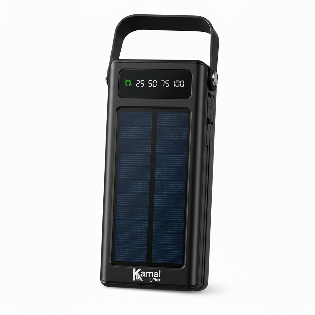Solar power bank with digital display and orange handle on a white background