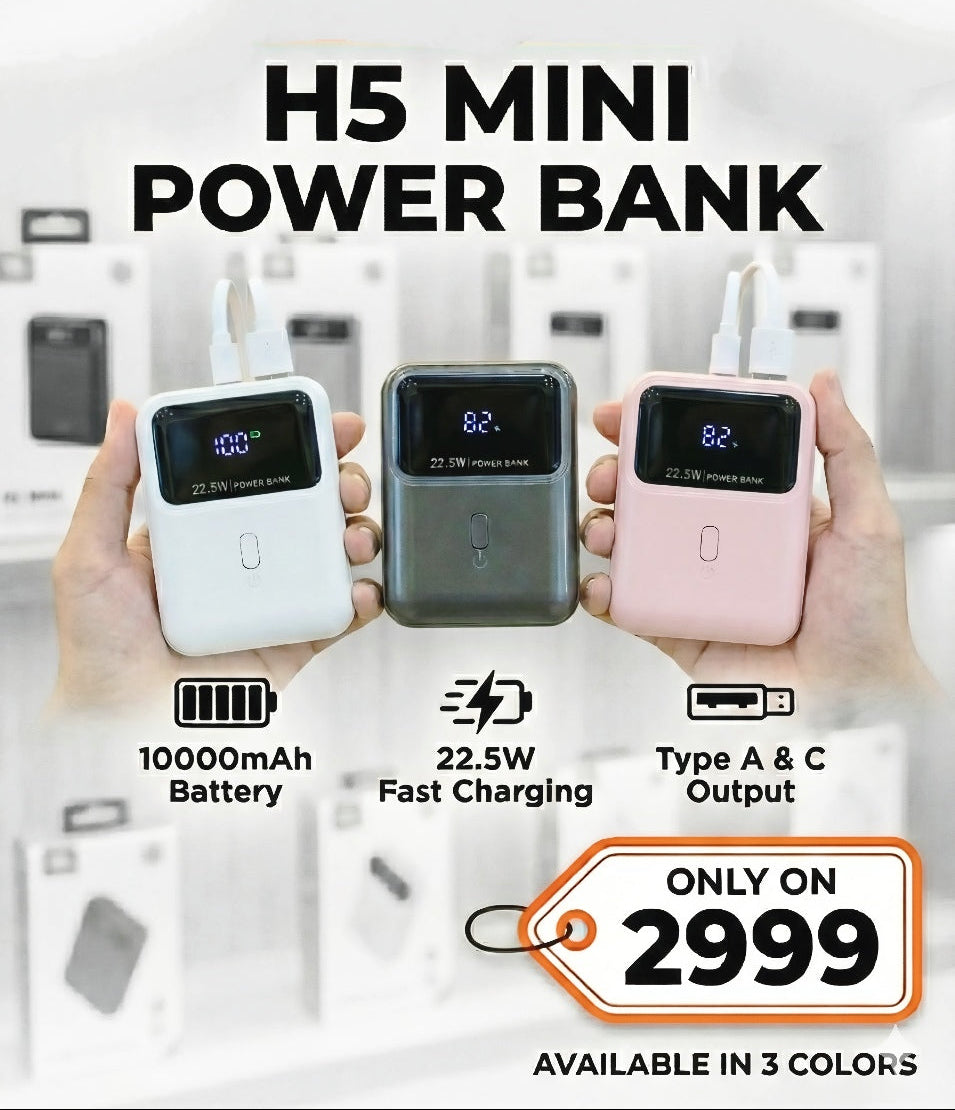 H5 Mini power bank with three color options held by hands, displaying specifications and price.