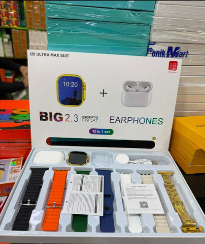 i20 Ultra Max Suit – 2.3" Smartwatch & Wireless Earphones Combo, 10-in-1 Set