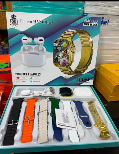 Crown H39 Ultra 2 Smartwatch & Wireless Earbuds Combo – 2.2" AMOLED Display, 10+1 Strap Set