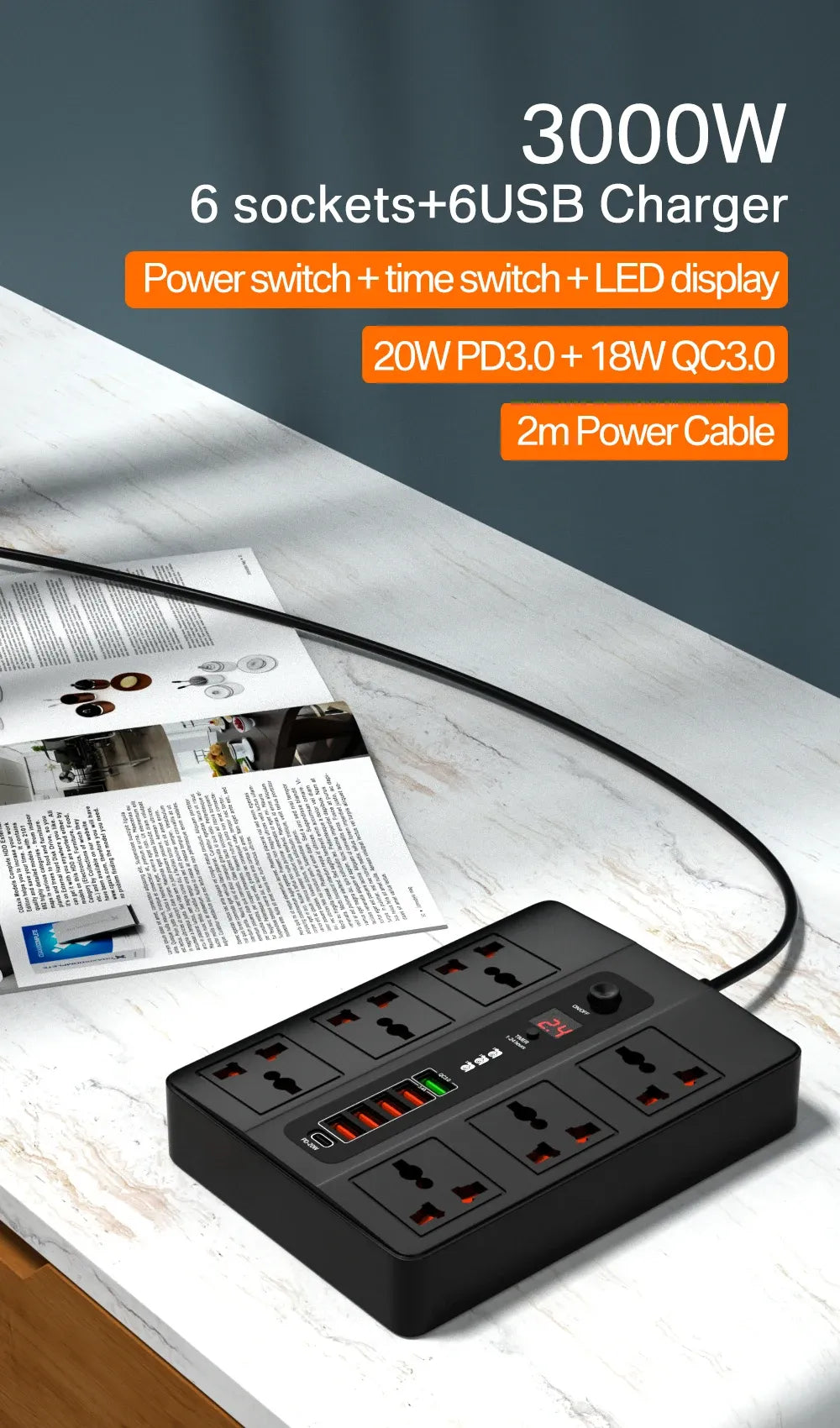 Ultra High-Speed Power Socket with USB Ports & Surge Protection - 3000W