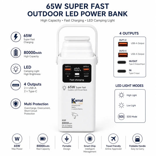 Kamal K89 Outdoor LED Power Bank – 80,000mAh, 65W Fast Charge with Built-In Cables | Original in Pakistan