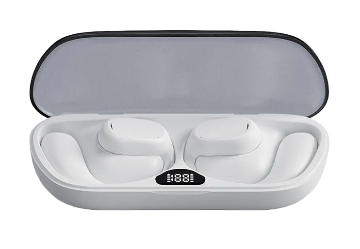 White wireless earbuds in a charging case on a light gray background