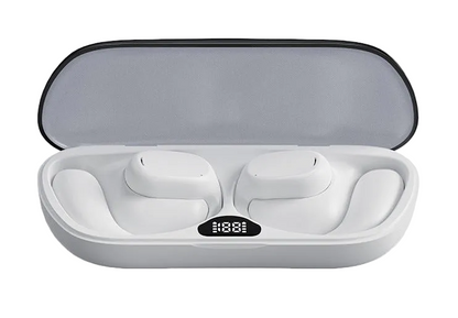 White wireless earbuds in a charging case on a light gray background