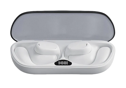 White wireless earbuds in a charging case on a light gray background