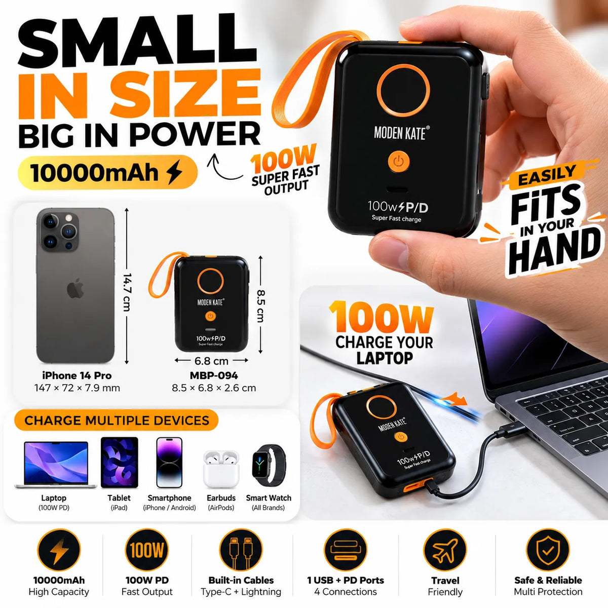 MODEN KATE MBP-094 100W 10,000mAh Compact Power Bank with Built-in Cables