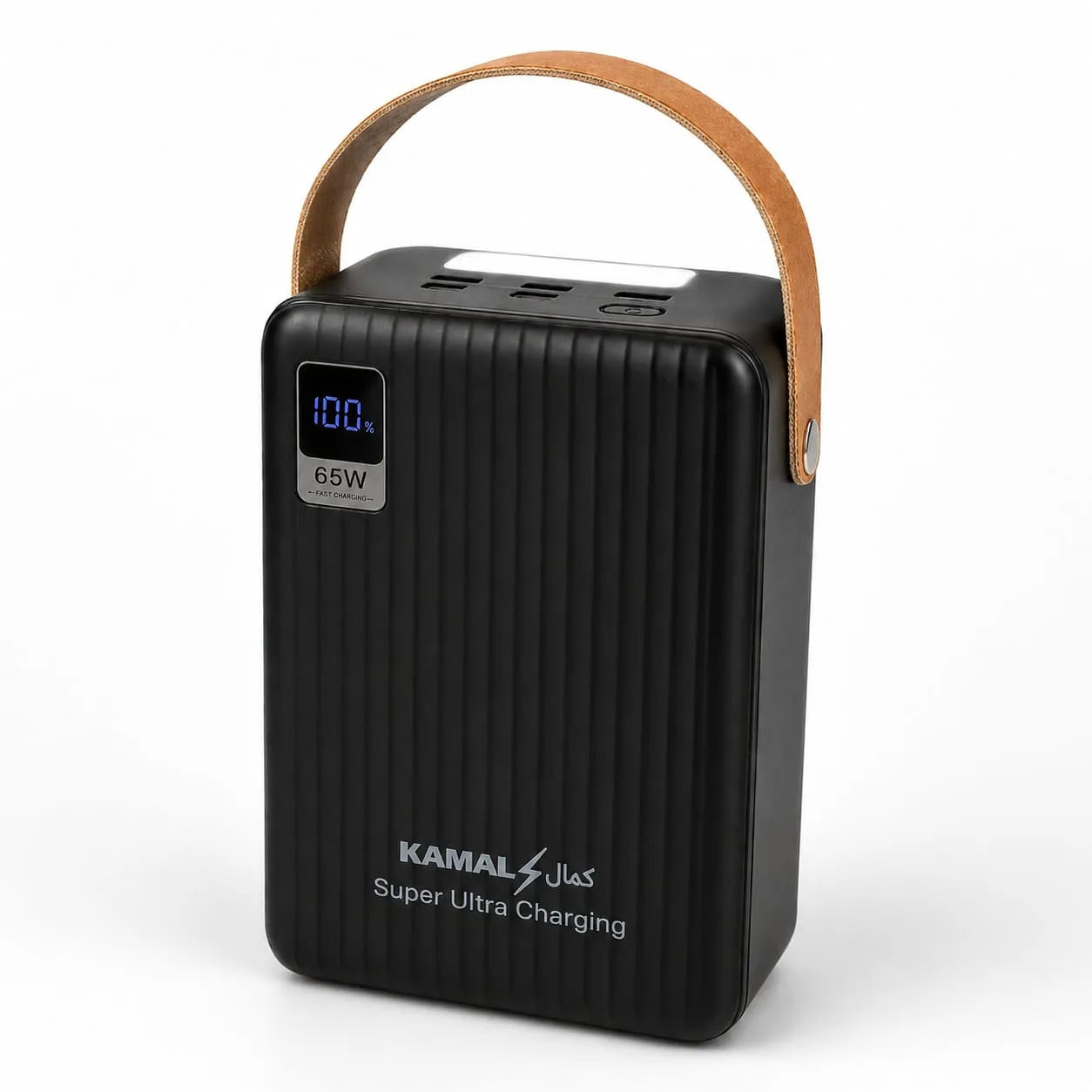 Black power bank with digital display and brown handle on a white background