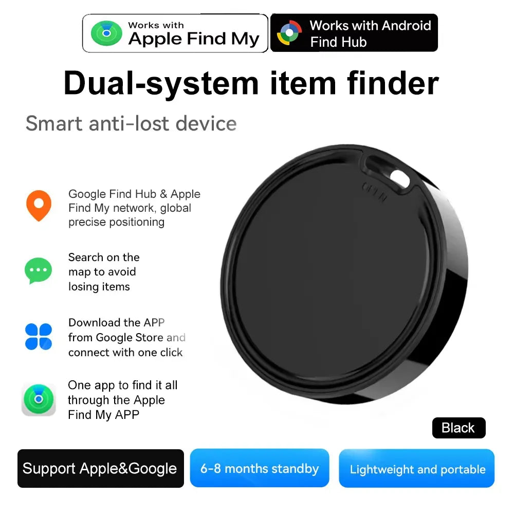 Black item finder with features listed on a white background