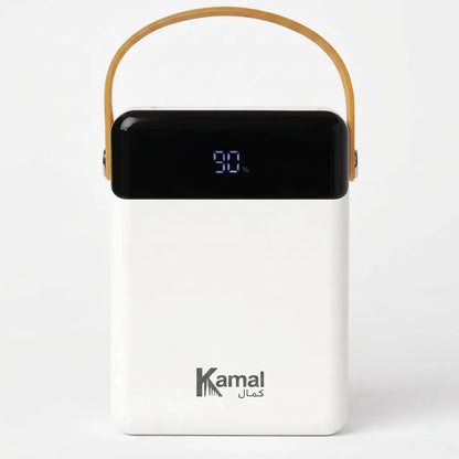 White portable charger with black top and 'Kamal' branding on a white background