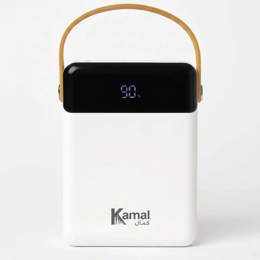 White portable charger with black top and 'Kamal' branding on a white background
