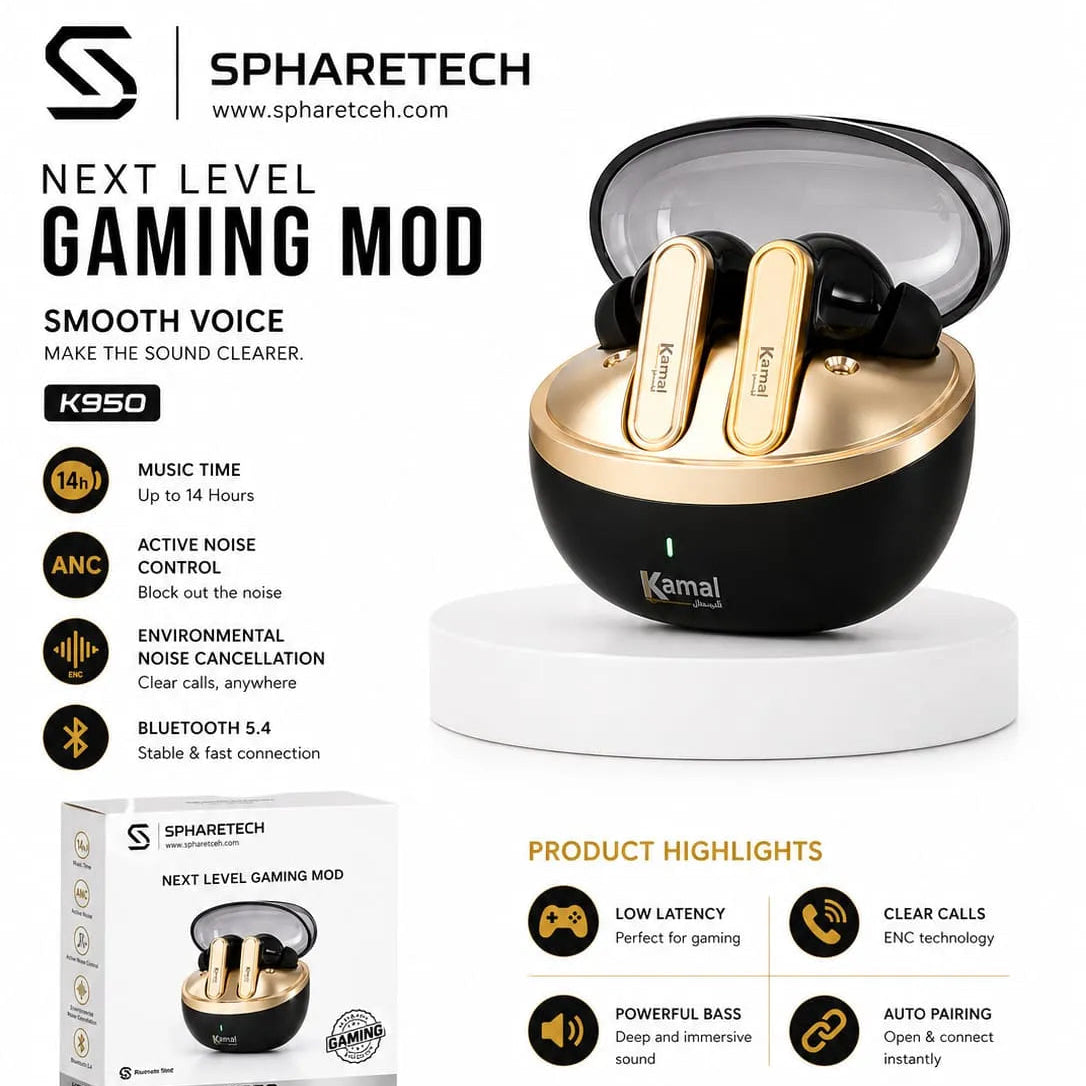 Spharetech gaming earbuds with packaging and product highlights on a white background