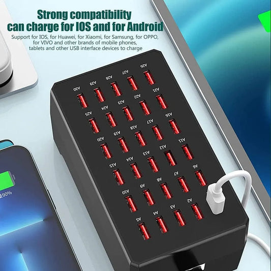 30-Port USB Smart Charging Station – Auto Cooling, LED Indicator & Fast Charging