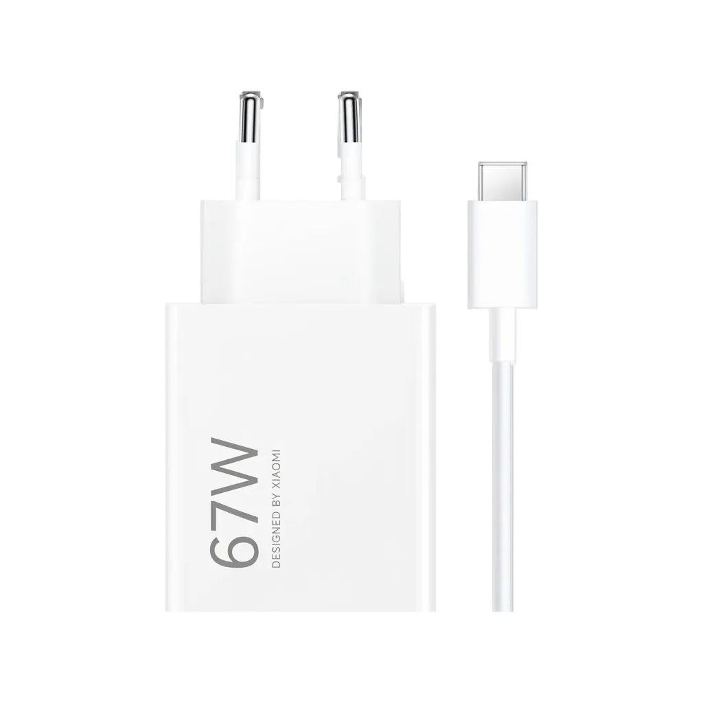 White charging cable and adapter with '67W' marking on a white background