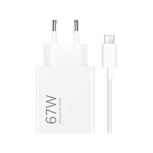 White charging cable and adapter with '67W' marking on a white background