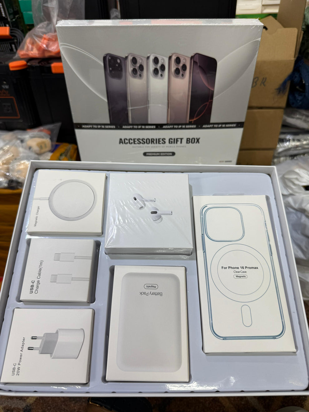 Premium iPhone 16 Series MagSafe Accessories Gift Box – Wireless Charger, AirPods Pro‑Style Earbuds, Magnetic Power Bank, 20 W USB‑C Adapter & Clear Case Bundle