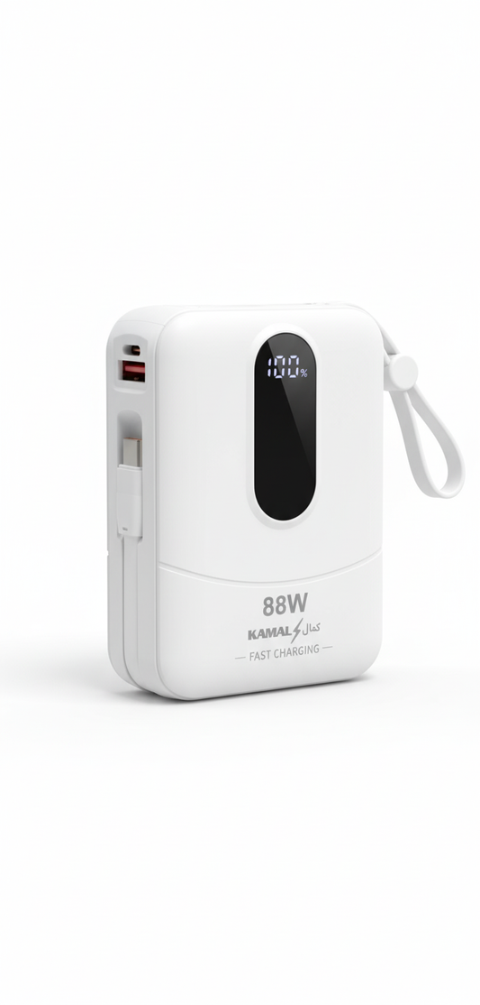 KAMAL Mini Power Bank 88W Fast Charging – 20,000mAh / 30,000mAh (LED % Display, Built-in Cable)