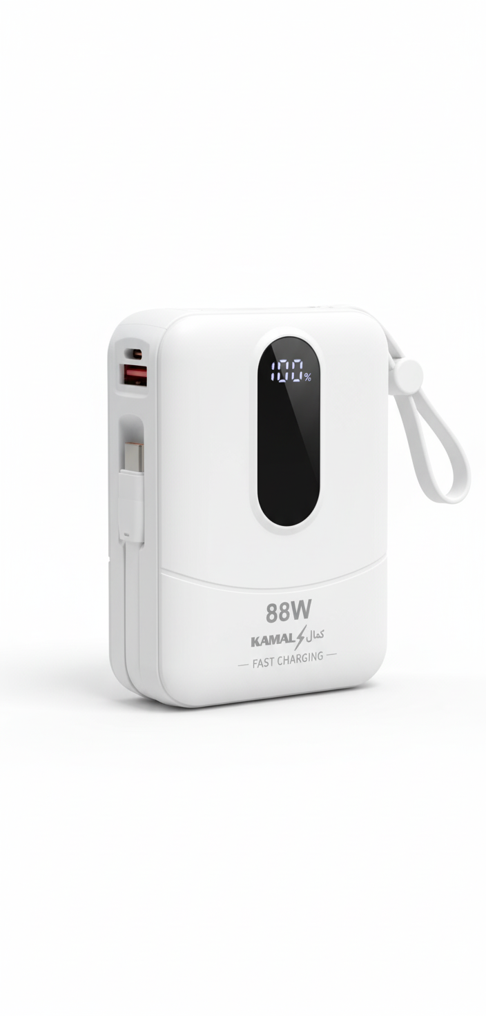KAMAL Mini Power Bank 88W Fast Charging – 20,000mAh / 30,000mAh (LED % Display, Built-in Cable)