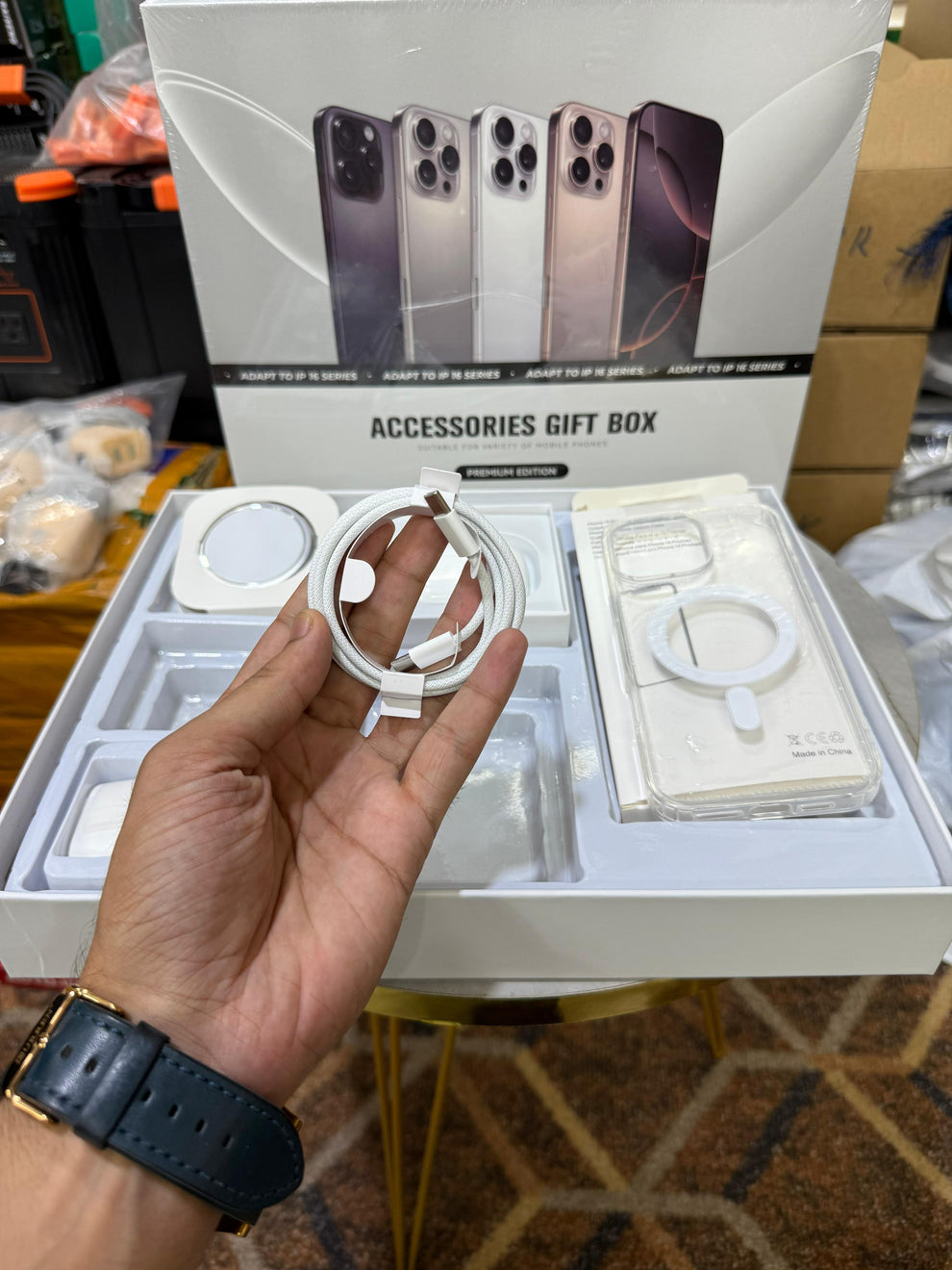 Premium iPhone 16 Series MagSafe Accessories Gift Box – Wireless Charger, AirPods Pro‑Style Earbuds, Magnetic Power Bank, 20 W USB‑C Adapter & Clear Case Bundle